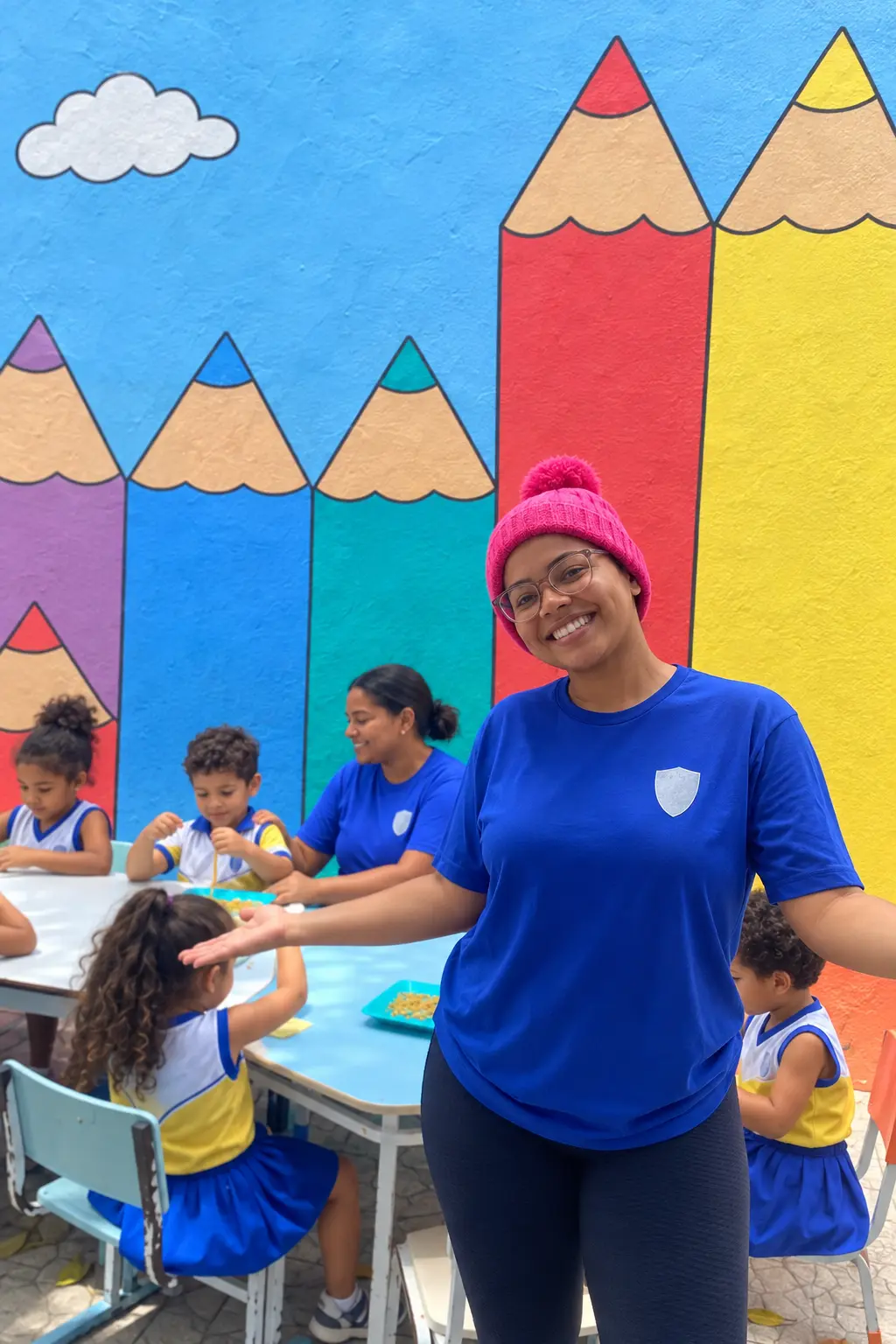 Professora sorridente no pátio enquanto crianças do Infantil fazem atividade na mesa