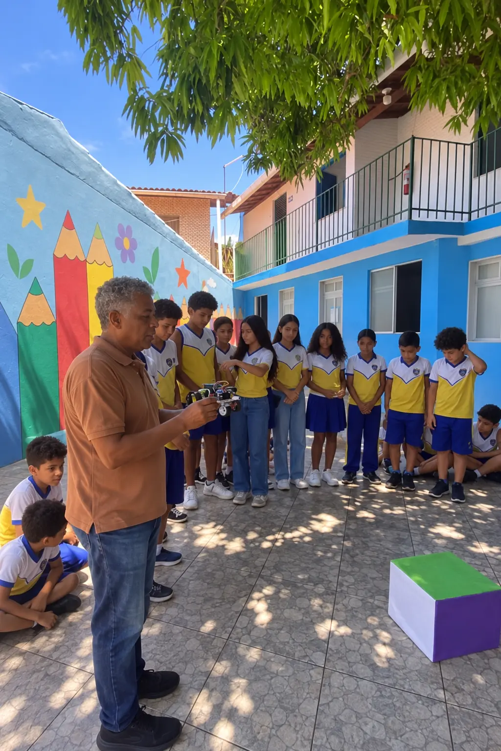 Alunos no pátio acompanham o primeiro carro robô montado na escola