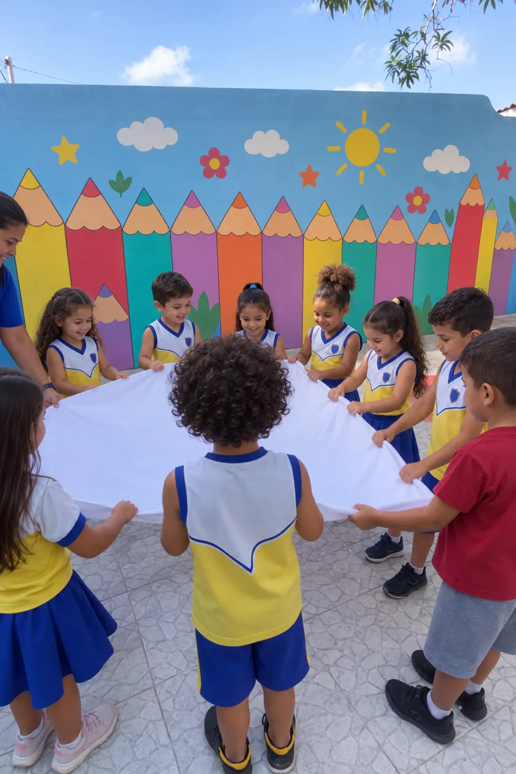 Crianças da Educação Infantil brincam em roda com um pano no pátio, diante do mural de lápis coloridos