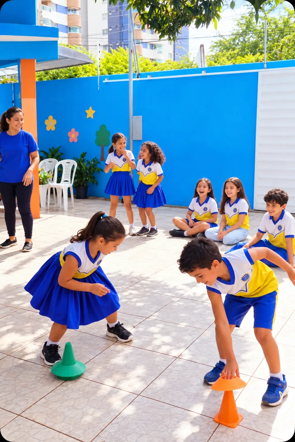 Alunos em circuito de movimento com cones no pátio, acompanhados pela professora
