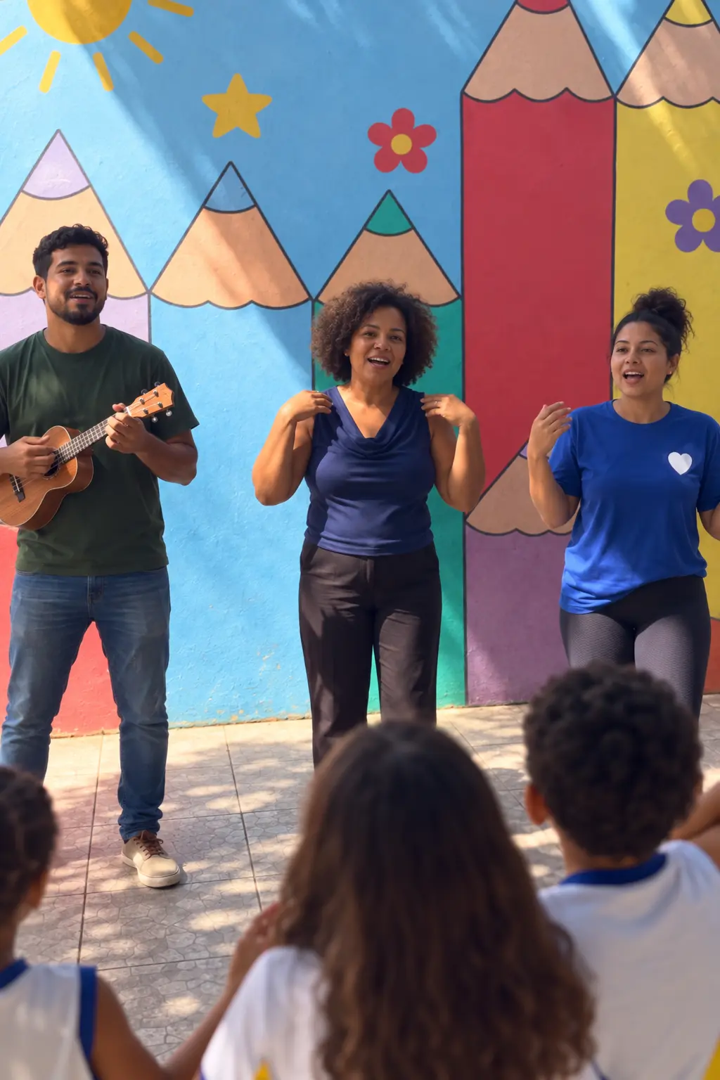 Aula de musicalização no pátio, com o professor ao violão e as crianças dançando