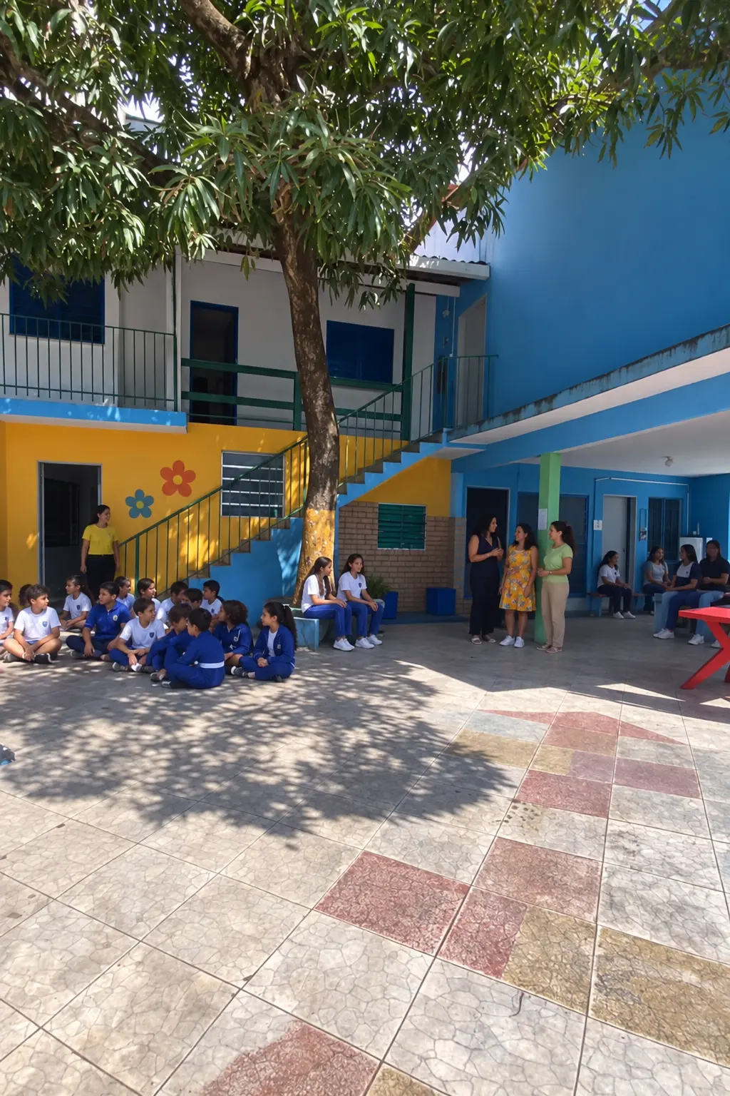 Pátio da escola com alunos reunidos durante um evento